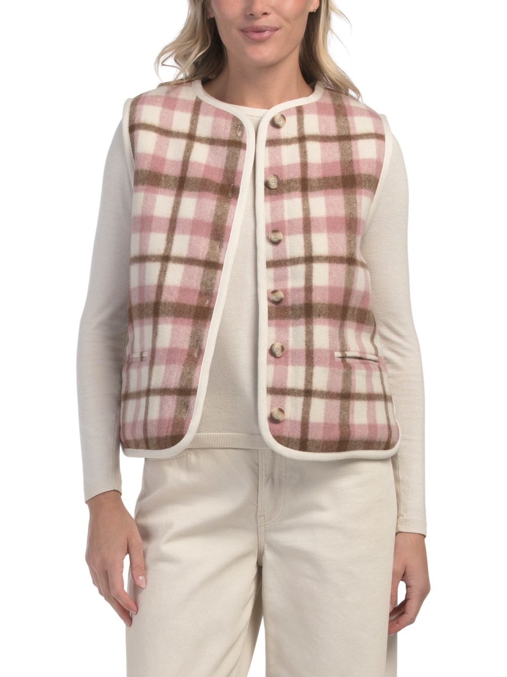 Bailey 44 Pink Cream Plaid Reversible Fleece & Sherpa Vest